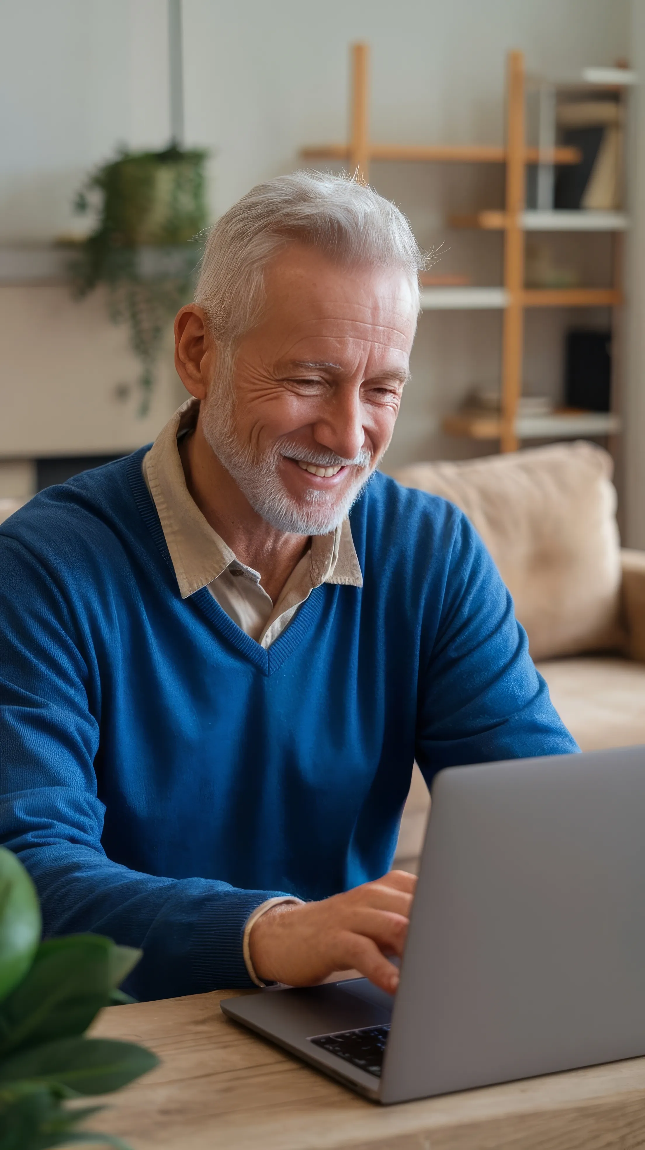 An older man smiling while using a laptop